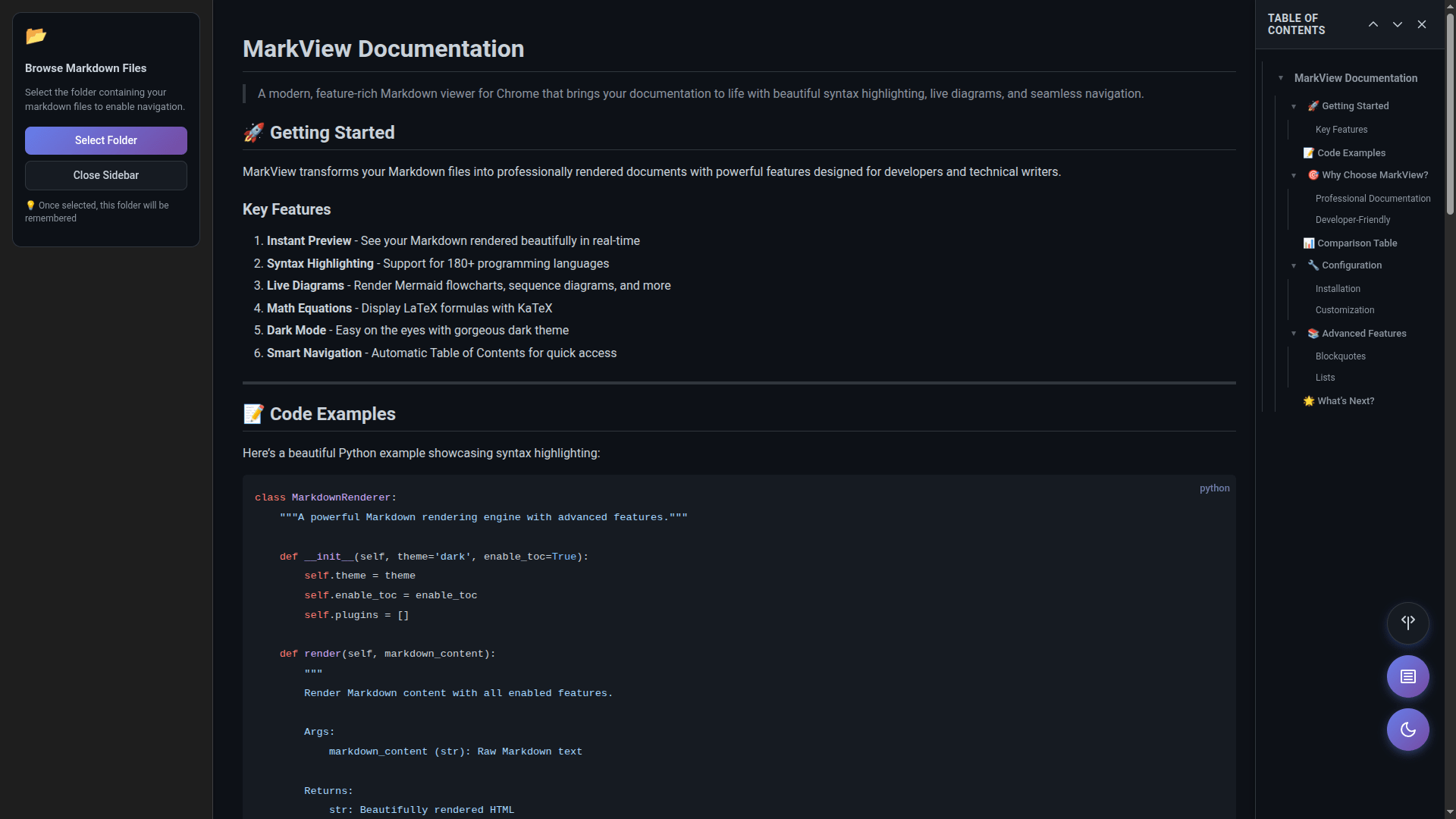 MarkView Chrome extension rendering markdown with syntax highlighting and table of contents